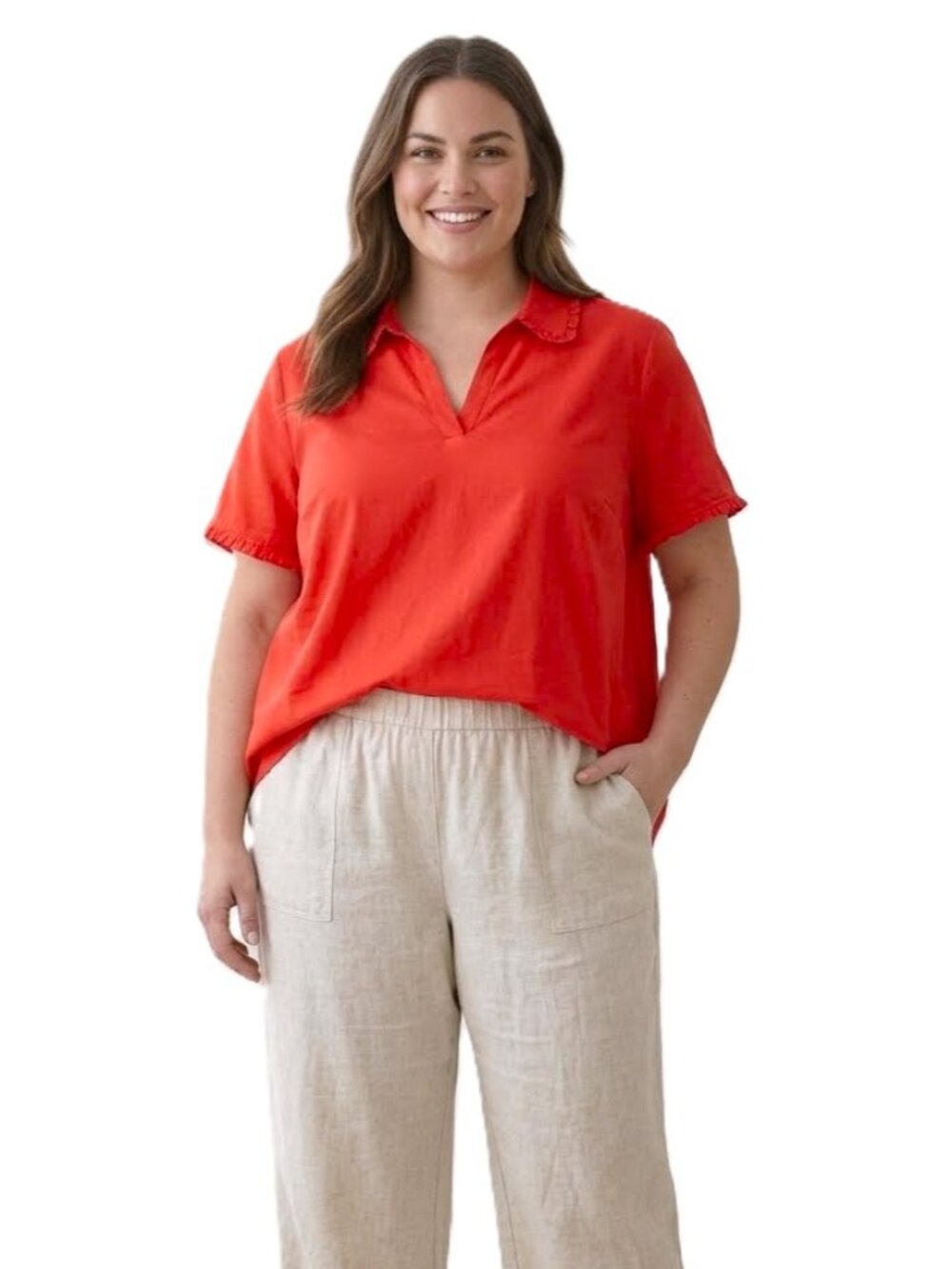 ISAAC MIZRAHI NEW YORK Linen-Blend Split-Neck Polo Top. Plus Size 2X
